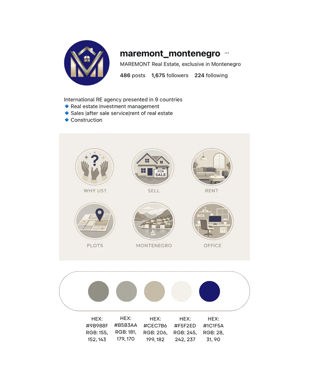 Brand & profile system — avatar, bio, highlight covers and colour palette