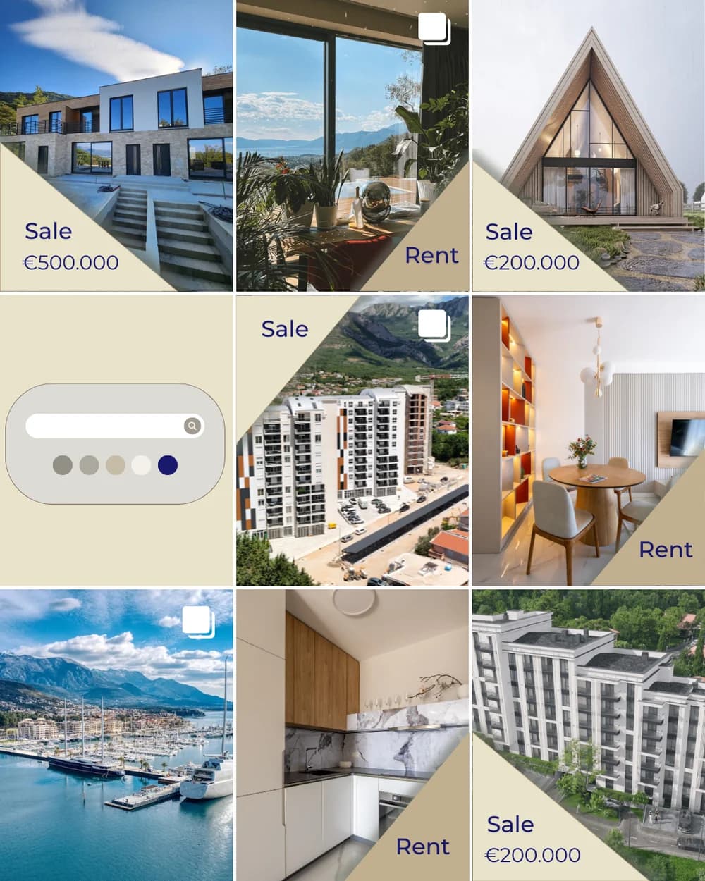 Listing posts — for-sale and for-rent creatives with pricing and location